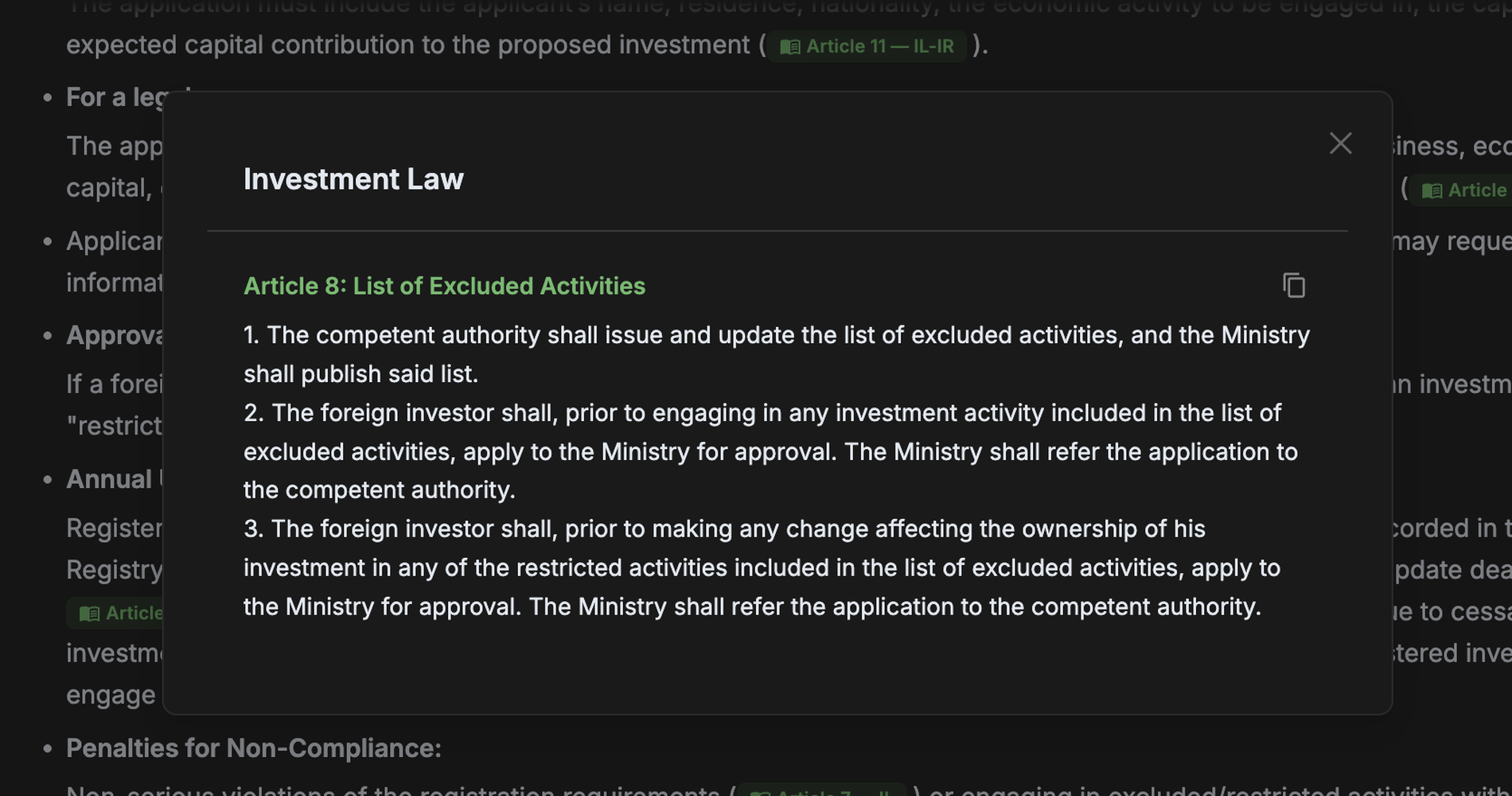 Laika — opening a citation shows the exact article of the law